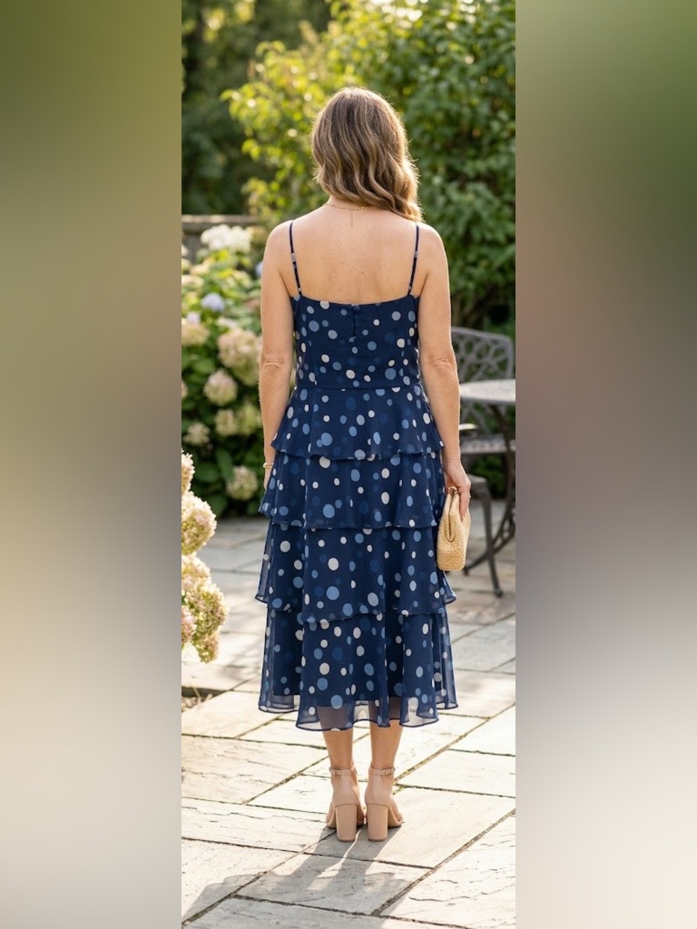 Dressbarn Navy Blue Polka Dot Tiered Chiffon Midi Dress Ruffle Size 12 GUC - Picture 2 of 13